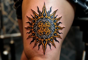 Featuring interlocked black knots and orange rays, this Celtic sun blazes with fierce energy on the upper back. tattoo idea