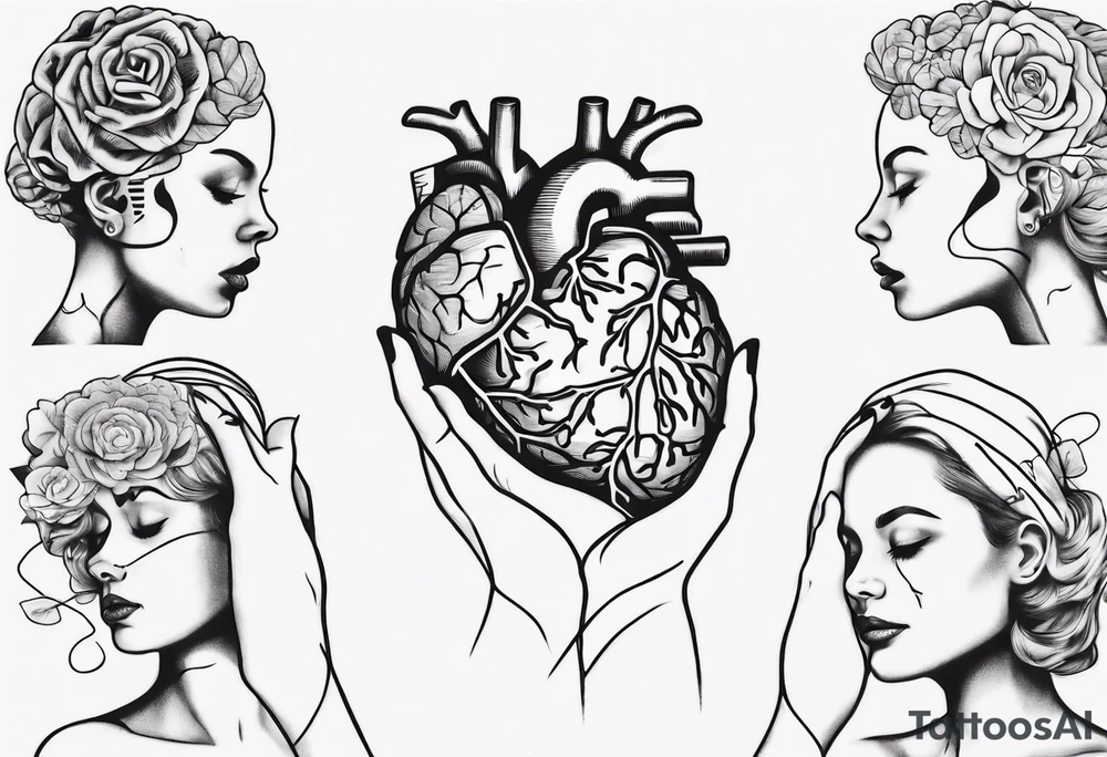 Heart and brain in line art, held down by a woman's hand holding them by string tattoo idea