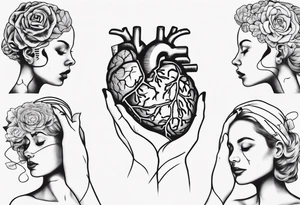 Heart and brain in line art, held down by a woman's hand holding them by string tattoo idea