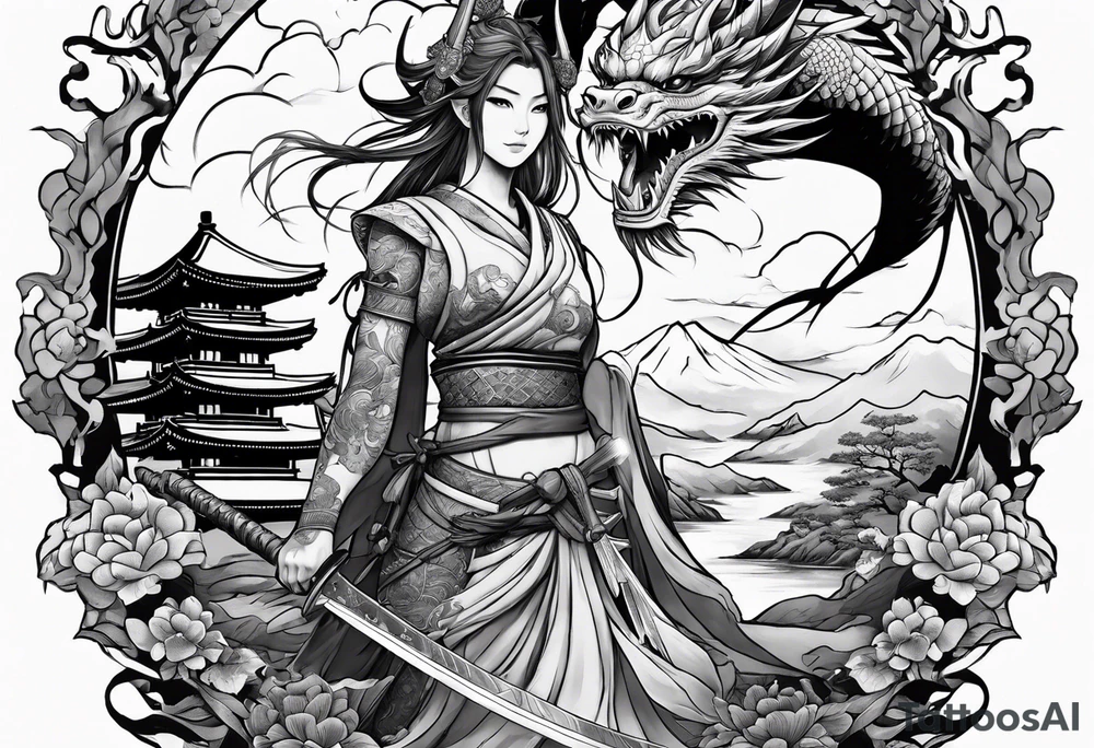 warrior nymph full body with sword and a full dragon with a mountain with cloud and Japanese building background tattoo idea