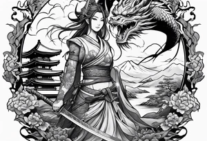 warrior nymph full body with sword and a full dragon with a mountain with cloud and Japanese building background tattoo idea