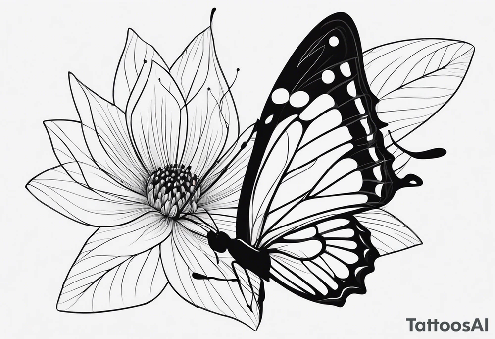 A delicate, black-and-white butterfly with fine, detailed wings, just about to land gently on a fragile, softly blooming flower. Both the butterfly and flower are drawn with elegant, minimalist lines, capturing the sense of beauty, fragility, and perfection in their natural harmony. tattoo idea