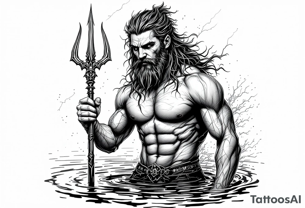 young, fit poseidon in calm water, holding a trident, holding a beer, with lightning tattoo idea