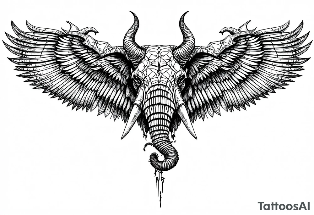 A hieroglyphic, detailing an African elephant with horns and wings that resemble that are a falcons tattoo idea