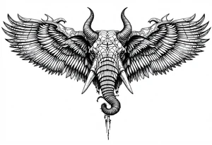 A hieroglyphic, detailing an African elephant with horns and wings that resemble that are a falcons tattoo idea