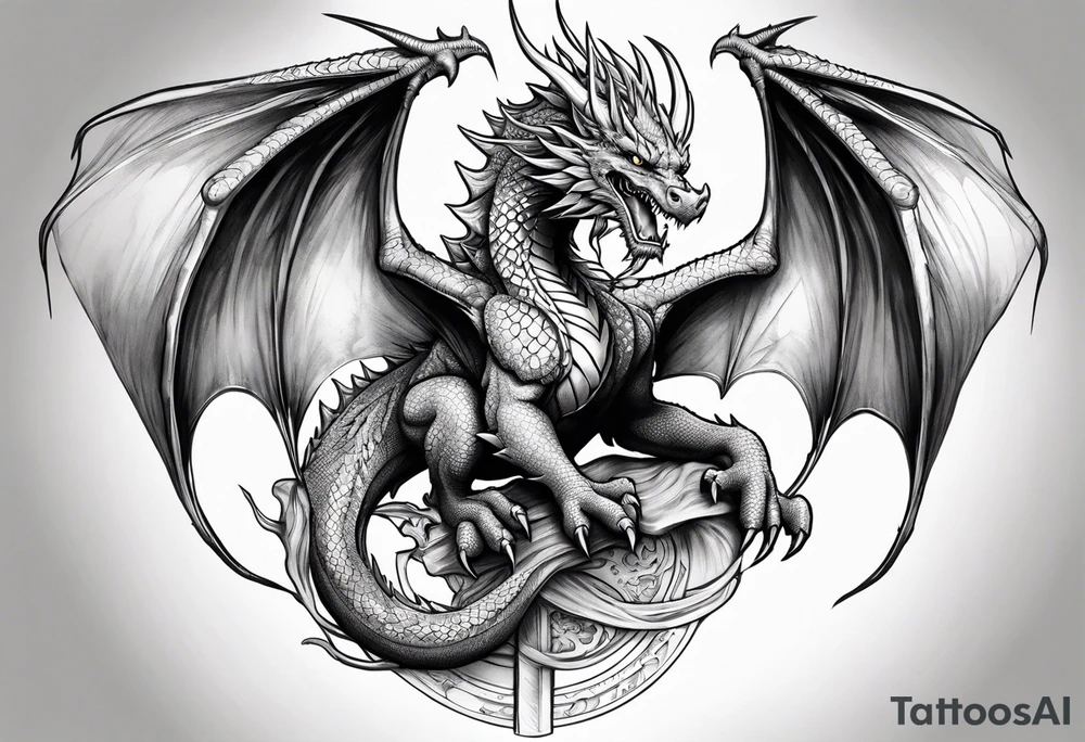full body dragon perched with all 4 claws grabbing a pole and facing forward tattoo idea
