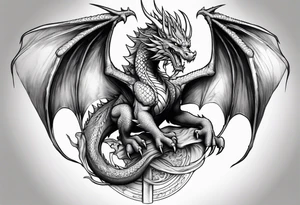 full body dragon perched with all 4 claws grabbing a pole and facing forward tattoo idea