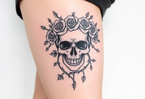 ornate skull adorned with crown of wild roses and thorns tattoo idea