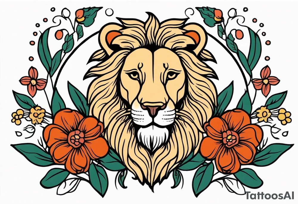 lion with lamb
vintage tattoo style old school traditional bold color simple with flowers surrounded tattoo idea