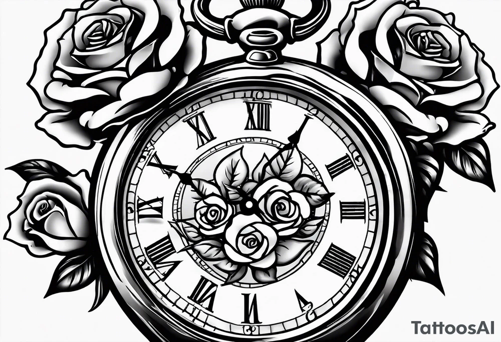 Pocket watch with chain and roses tattoo idea