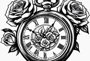 Pocket watch with chain and roses tattoo idea