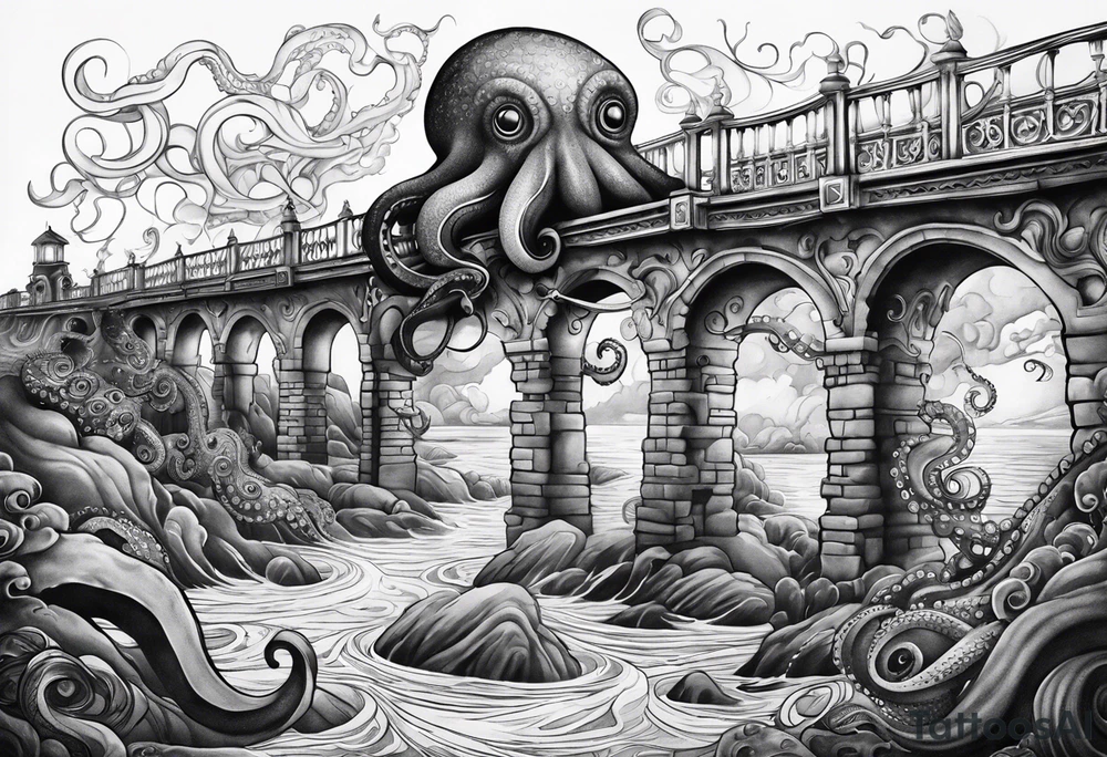 Octopus attacking bridge tattoo idea