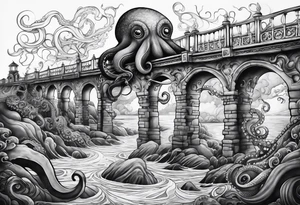 Octopus attacking bridge tattoo idea