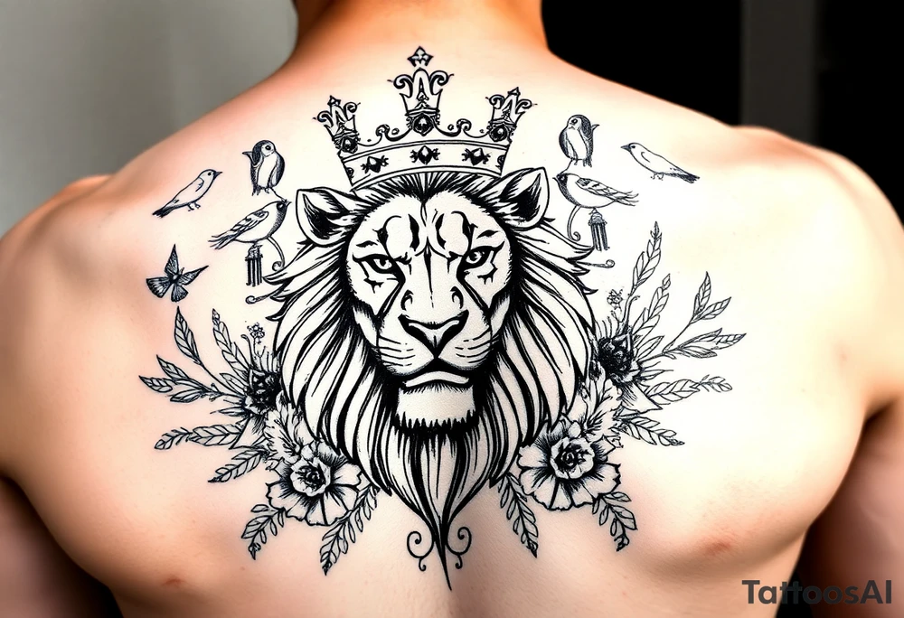 powerful majestic lion with a crown, surrounded by floral ornaments and birds tattoo idea