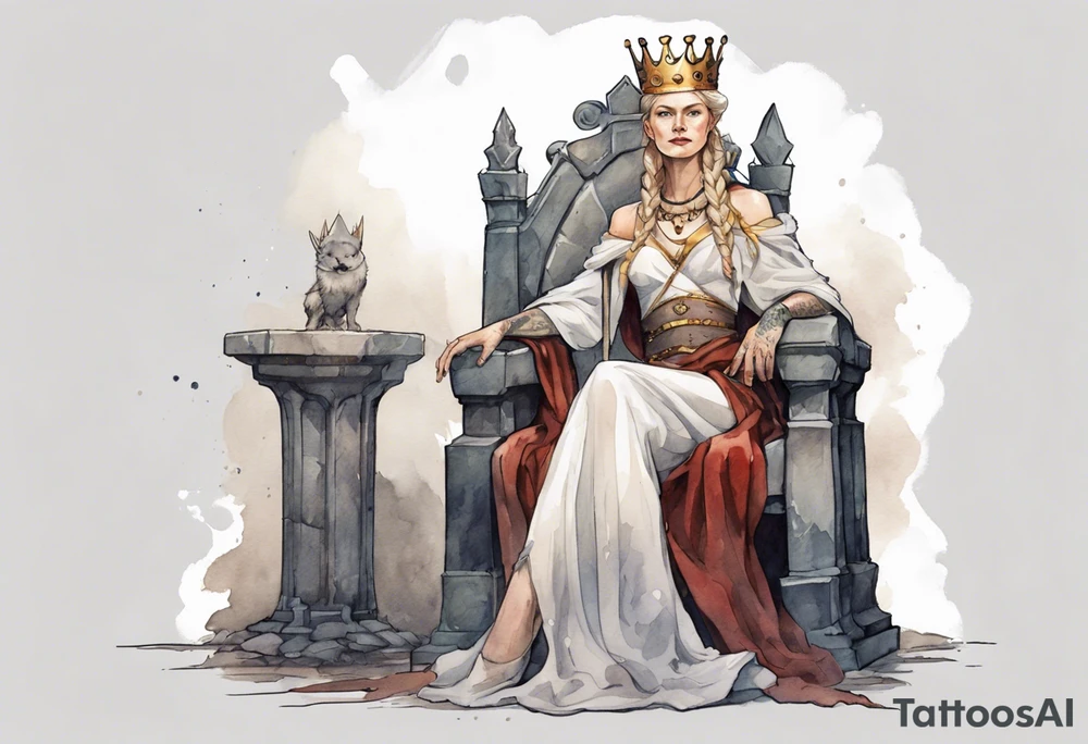 a Germanic queen wearing a simple iron crown sitting on a stone throne tattoo idea