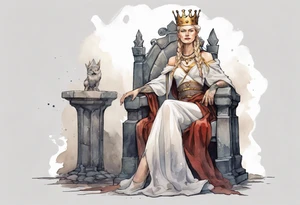 a Germanic queen wearing a simple iron crown sitting on a stone throne tattoo idea