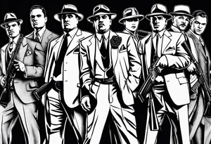 group of gangsters standing together including Al Capone, John Dillinger, Machine Gun Kelley, Bonnie and Clyde along with tommy guns, gatling gun and sawed off shot guns with bullets flying tattoo idea