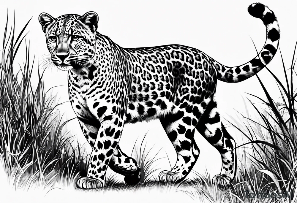 baby leopard walking with gras in the background tattoo idea