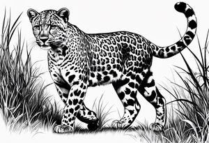 baby leopard walking with gras in the background tattoo idea