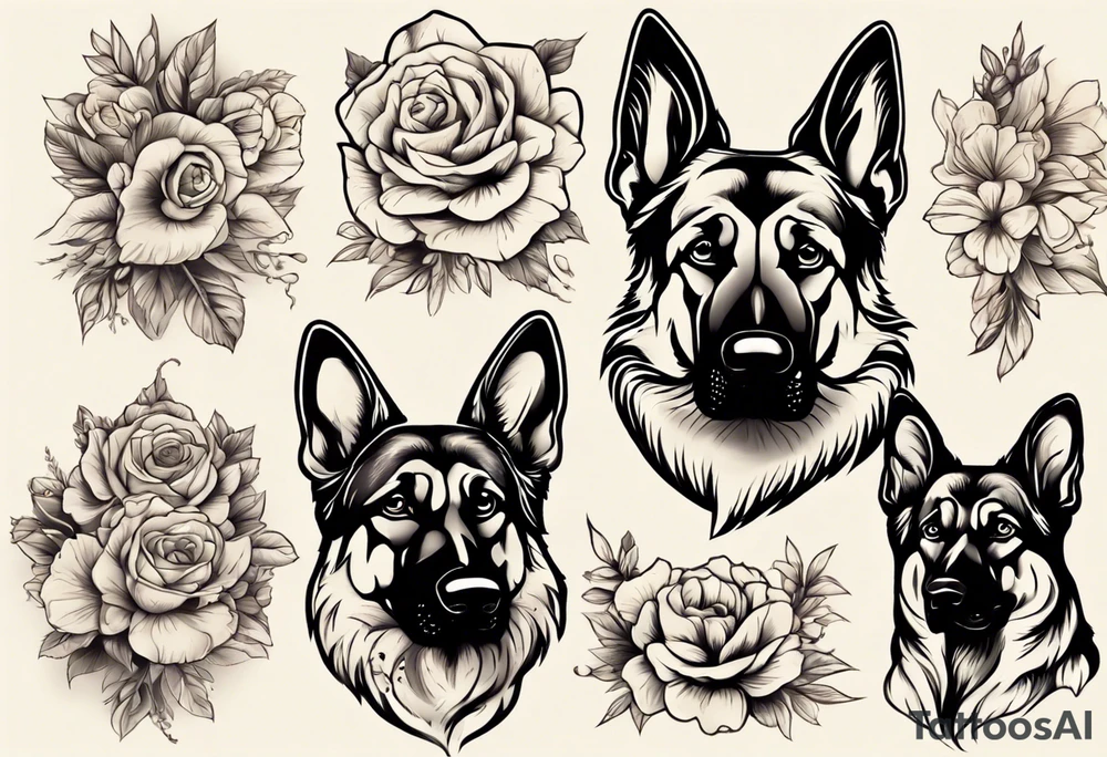 German shepherd portrait flowers tattoo idea
