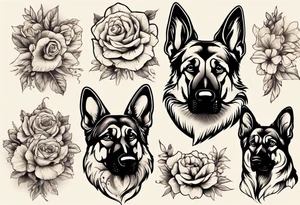 German shepherd portrait flowers tattoo idea