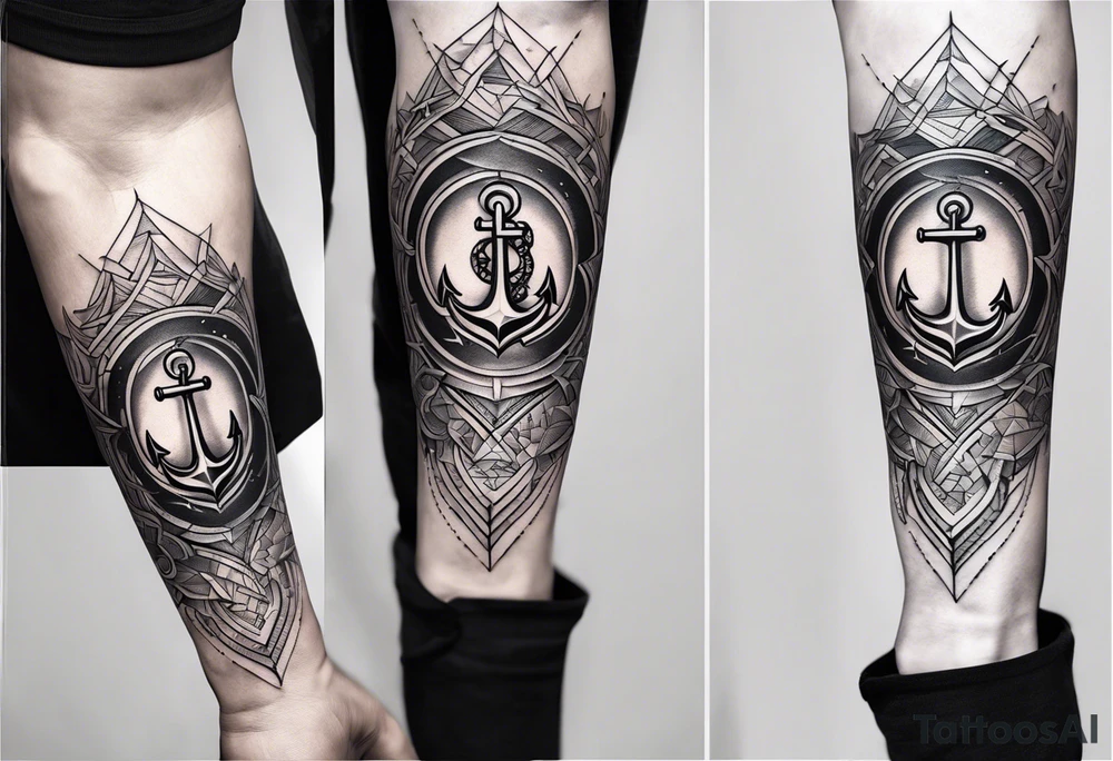 Anchor leg sleeve male geomtric tattoo idea