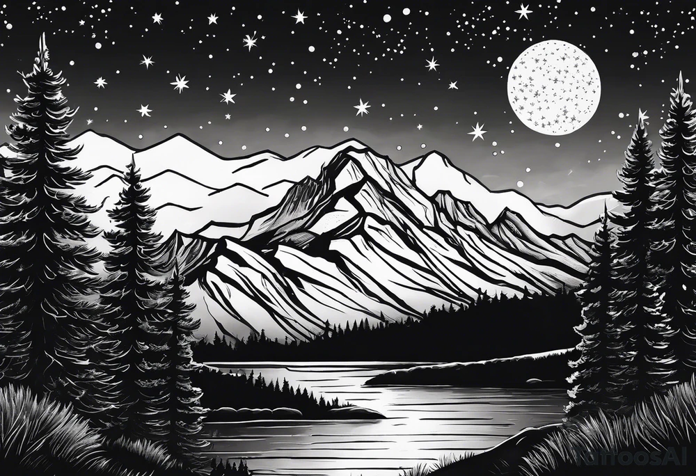 Lighter shaded night sky with stars, Night sky fading at edges, Mountains,Trees with snow on them tattoo idea