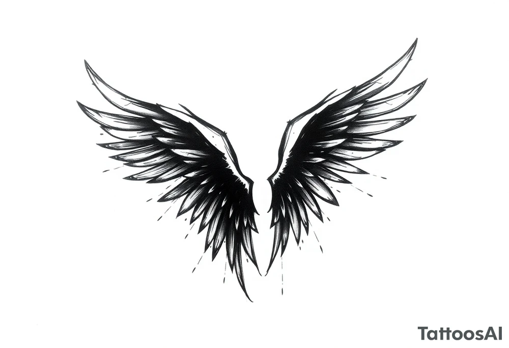 This tattoo design features a pair of asymmetrical angel wings drawn in black ink with a rough, sketch-like style. The left wing is darker, more defined, and appears denser, while the right wing is lighter, more delicate, and fragmented, creating a contrast between the two. The feathers are sharp and irregular, with fine lines and stray strokes extending outward, adding a raw and artistic feel. The overall look is dynamic and slightly chaotic, giving the impression of movement or an unfinished, ethereal form. This design symbolizes duality, freedom, transformation, or even struggle, making it a meaningful and visually striking tattoo. tattoo idea