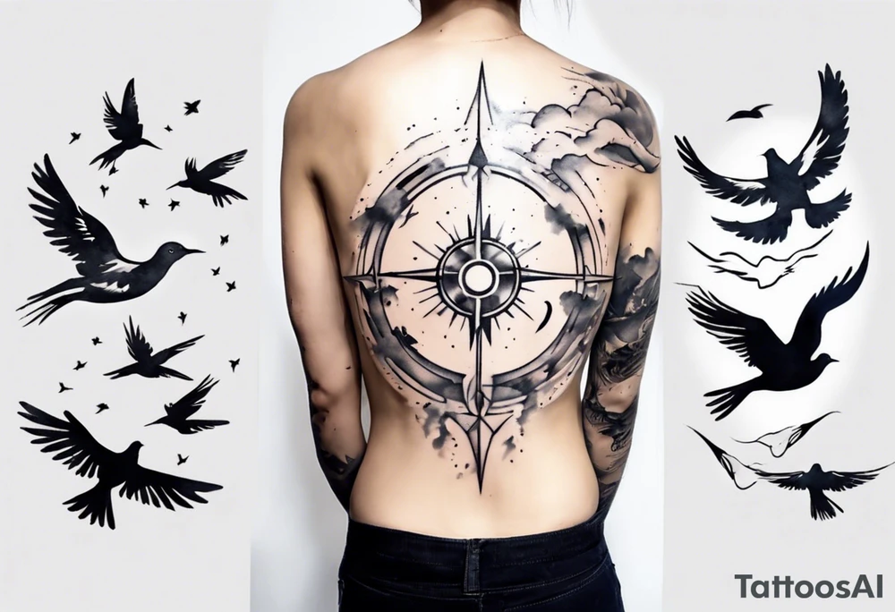 shoulder tattoo with light rays with birds flying free among the clouds, round shape, 3d effect tattoo idea