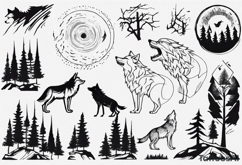 thunderstorm over a forest with a wolf howling on drums tattoo idea