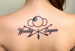 Name tattoo with Wesley, Brantley, Logan with entwined arrows and moons tattoo idea