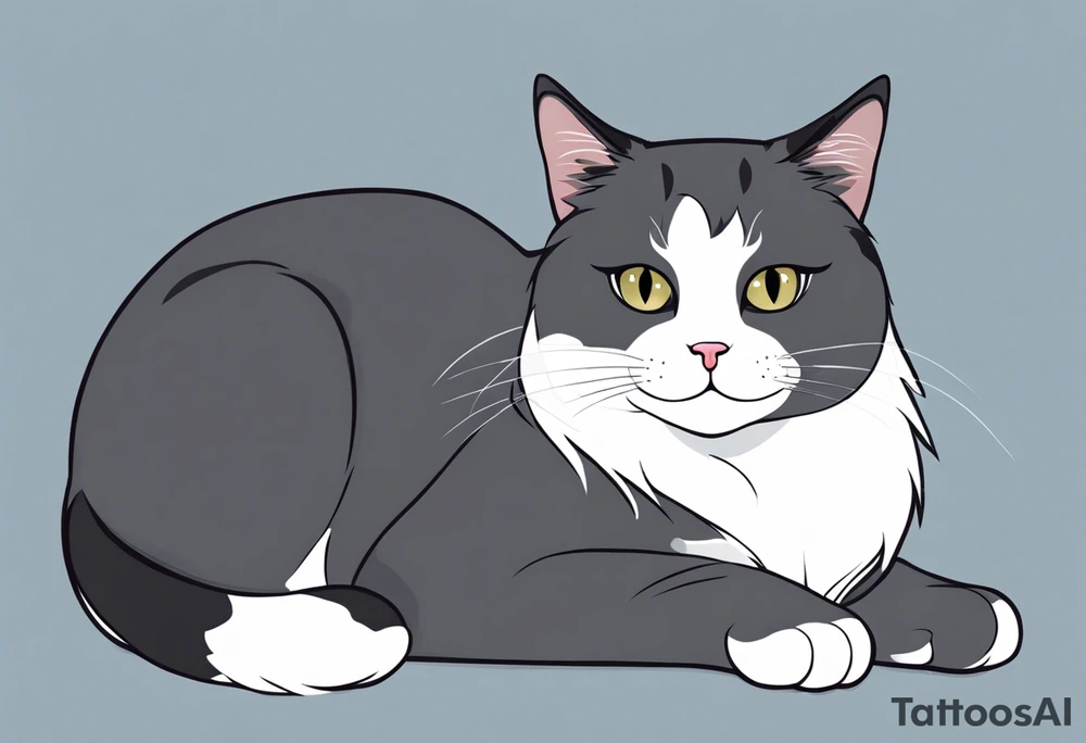 Grey and white cat. She has mostly grey body, smaller white patches on her belly, all four paws are white, but her legs are grey.  she has a tiny little white moustache. White whiskers. She is on the larger side for a cat. I want the tattoo to reflect her sweet personality. She loved sunshine and flowers. She is recently passed away and I would like a memorial tattoo of my sweet baby cat. I want a black and white simple sketch. Her face is completely grey except a tiny white moustache below her nose. tattoo idea