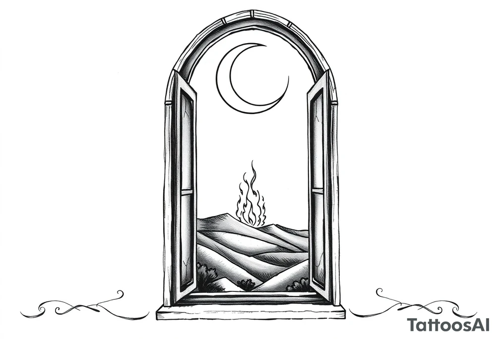 Tall church window with stained glass showcasing crescent moon over a hilly landscape as a fire burns in the distance tattoo idea