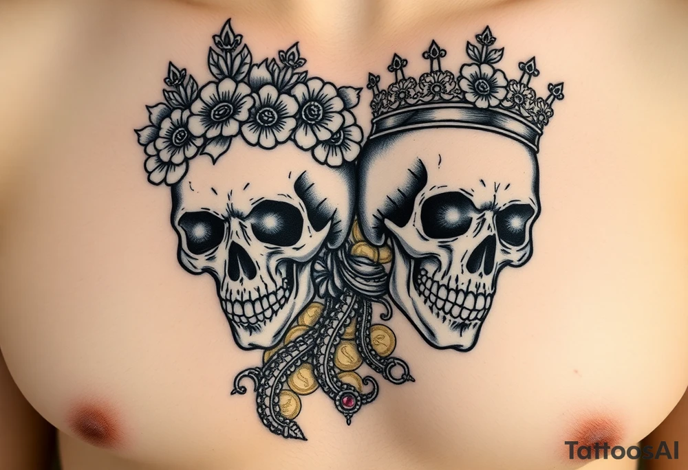 ornate man and woman’s skulls both adorned with a crown and the woman’s skull should have a crown of wild daisies roses with Thornes. The mans should have emeralds. With a background of gold coins and rubys treasure tattoo idea