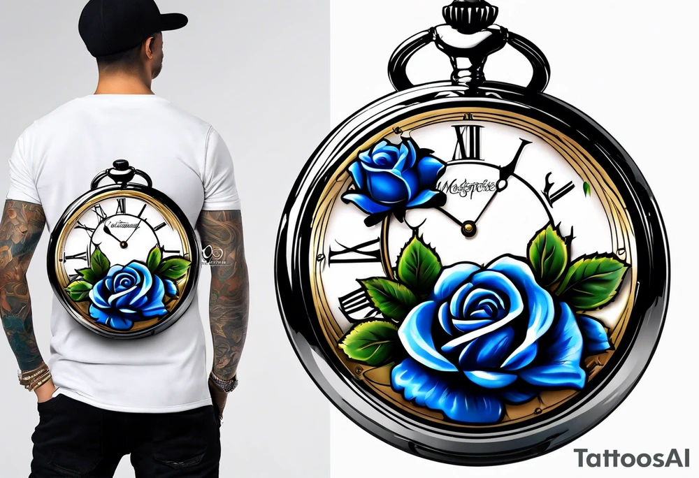 Pocket watch with blue roses tattoo idea