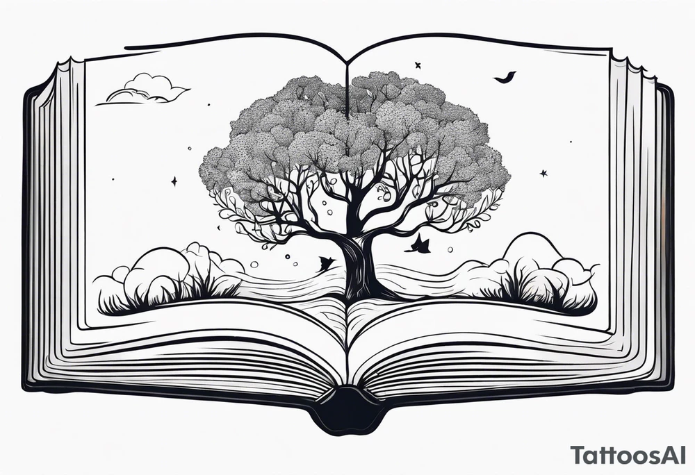Open book, fantasy coming to life from inside, whimsical, small tattoo idea