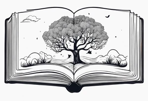 Open book, fantasy coming to life from inside, whimsical, small tattoo idea