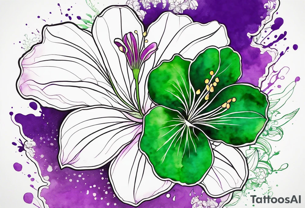 An outline of an only green rio dipladenia flower and a green and purple watercolor splash in the background tattoo idea