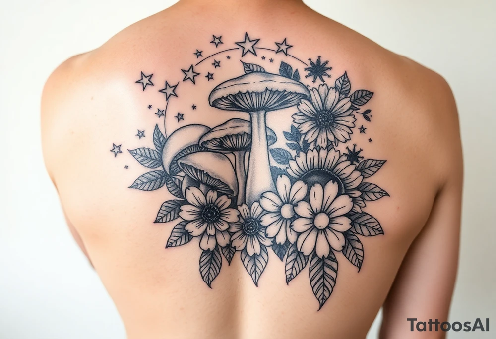 Could you possible make me a cool nature tattoo with mushrooms crystals  flowers mandala boho but colorful and psychedelic colorful too that would wrap from front of hip around side to mid back to cover an existing one I have incorporating the stars I have already and only covering some wrapping from front of hip around side to back tattoo idea
