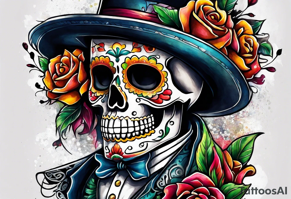 Mexico day of dead  man standing
 skeleton drink tattoo idea