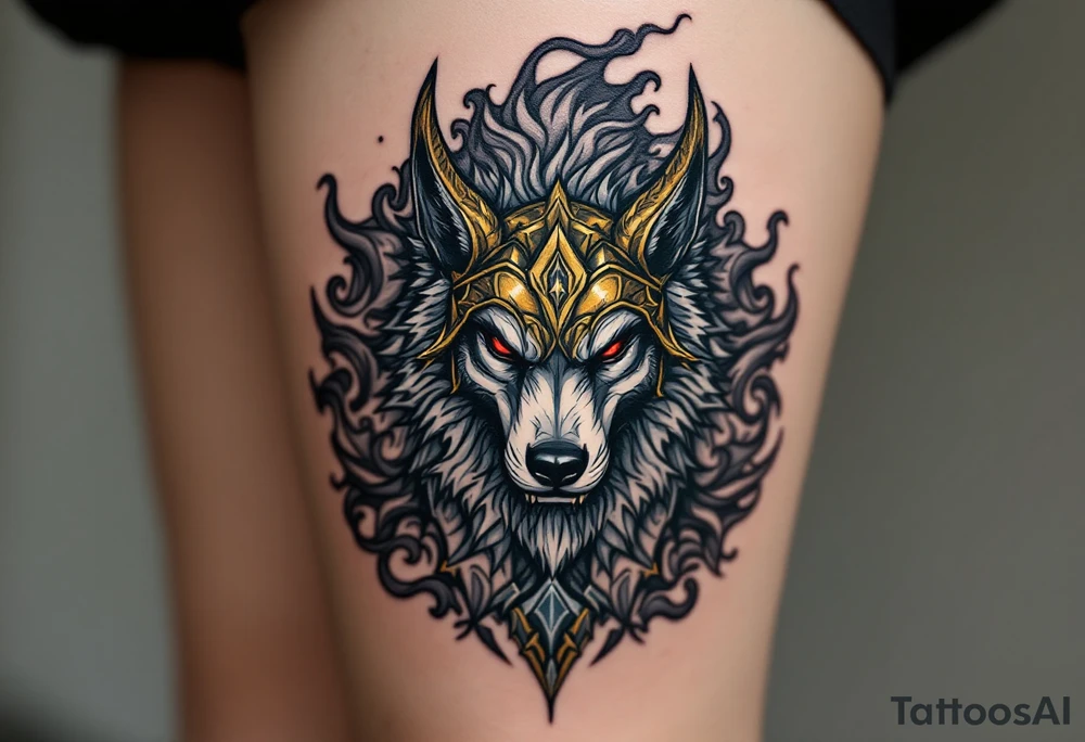 Radegast – A fierce warrior god with a wolf head, wearing a golden horned helmet, his armor shimmering in silver-gray, with blood-red eyes and smoke behind. tattoo idea