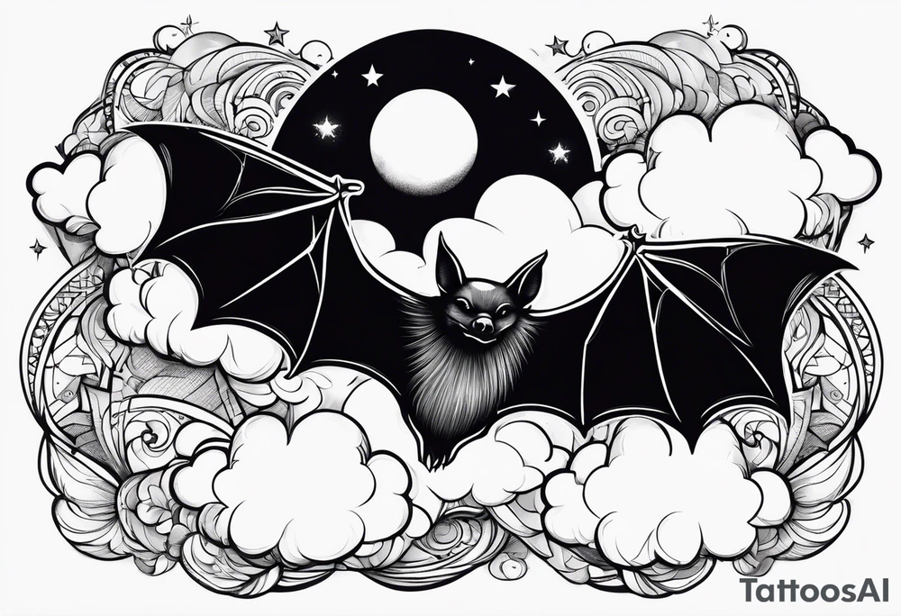 A bat wrapped in clouds and smoke with stars and sparkles and a moon tattoo idea