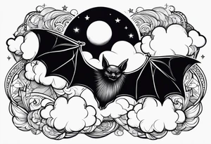 A bat wrapped in clouds and smoke with stars and sparkles and a moon tattoo idea