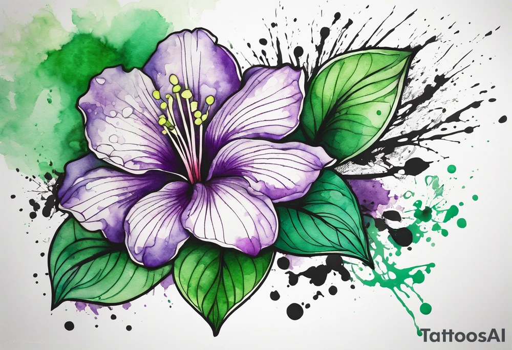An outline of a green rio dipladenia flower and a green and purple watercolor splash in the background tattoo idea