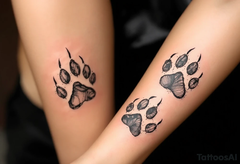 Vintage Etching Style – Paw prints in fine-line, sketch-style black ink, resembling old anatomical drawings or nature illustrations. tattoo idea