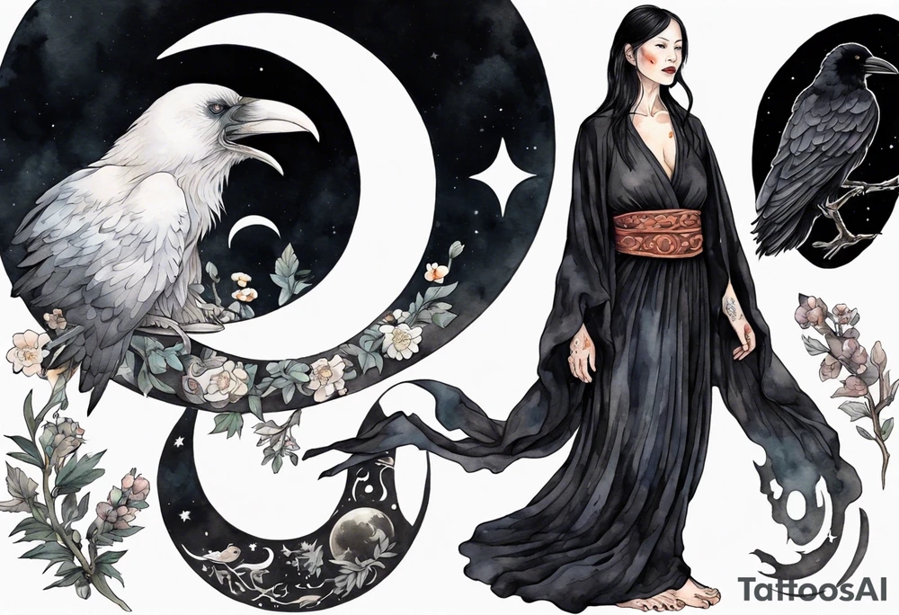 a beautiful 50 year old Dakota woman with pale skin wearing a black robe, standing on a crescent moon with bare feet, a raven on her shoulder tattoo idea