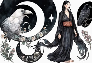 a beautiful 50 year old Dakota woman with pale skin wearing a black robe, standing on a crescent moon with bare feet, a raven on her shoulder tattoo idea