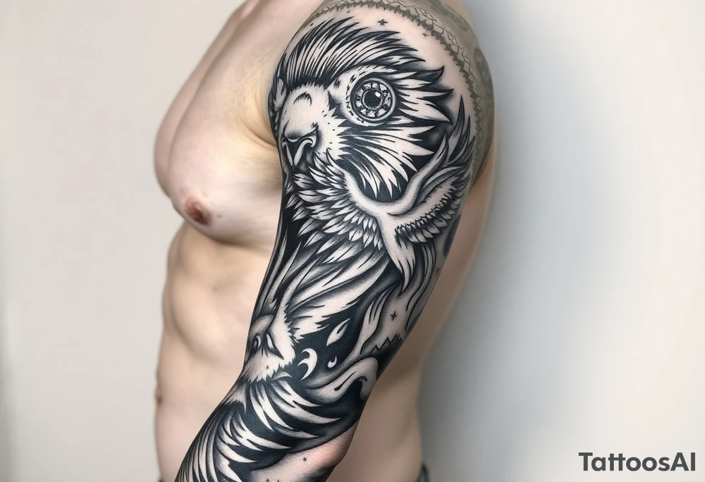 Lion face on, phoenix face on rising from ashes to night sky and subtle Leo zodiac tattoo idea