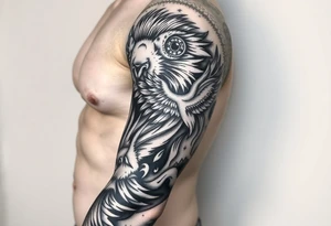 Lion face on, phoenix face on rising from ashes to night sky and subtle Leo zodiac tattoo idea
