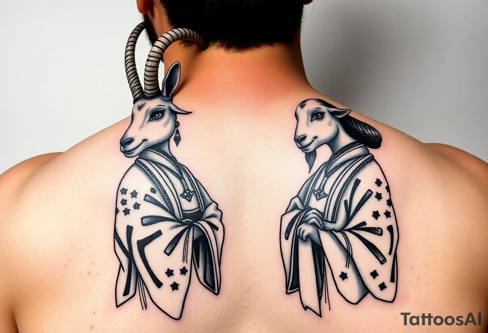 Feminine goat and ox dressed up as geisha warriors tattoo idea